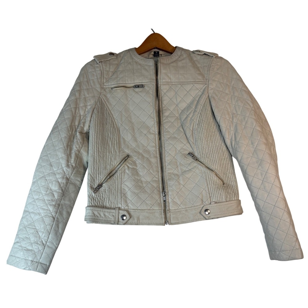 Whet Blu Womens Cream Quilted Leather Moto Jacket Size S Off White Biker Zip